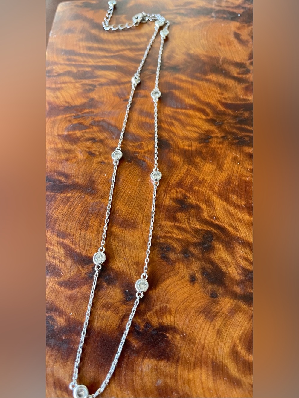 Sterling Silver 925 Adjustable Station Bezel Necklace with Clear Rhinestones